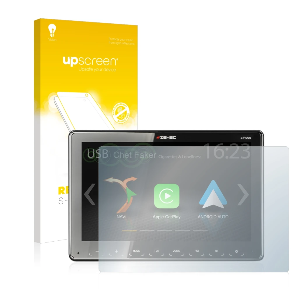 Parte frontal de un envase de producto con el logotipo de la marca upscreen. Al lado se muestra el dispositivo Zenec Z-N965 co