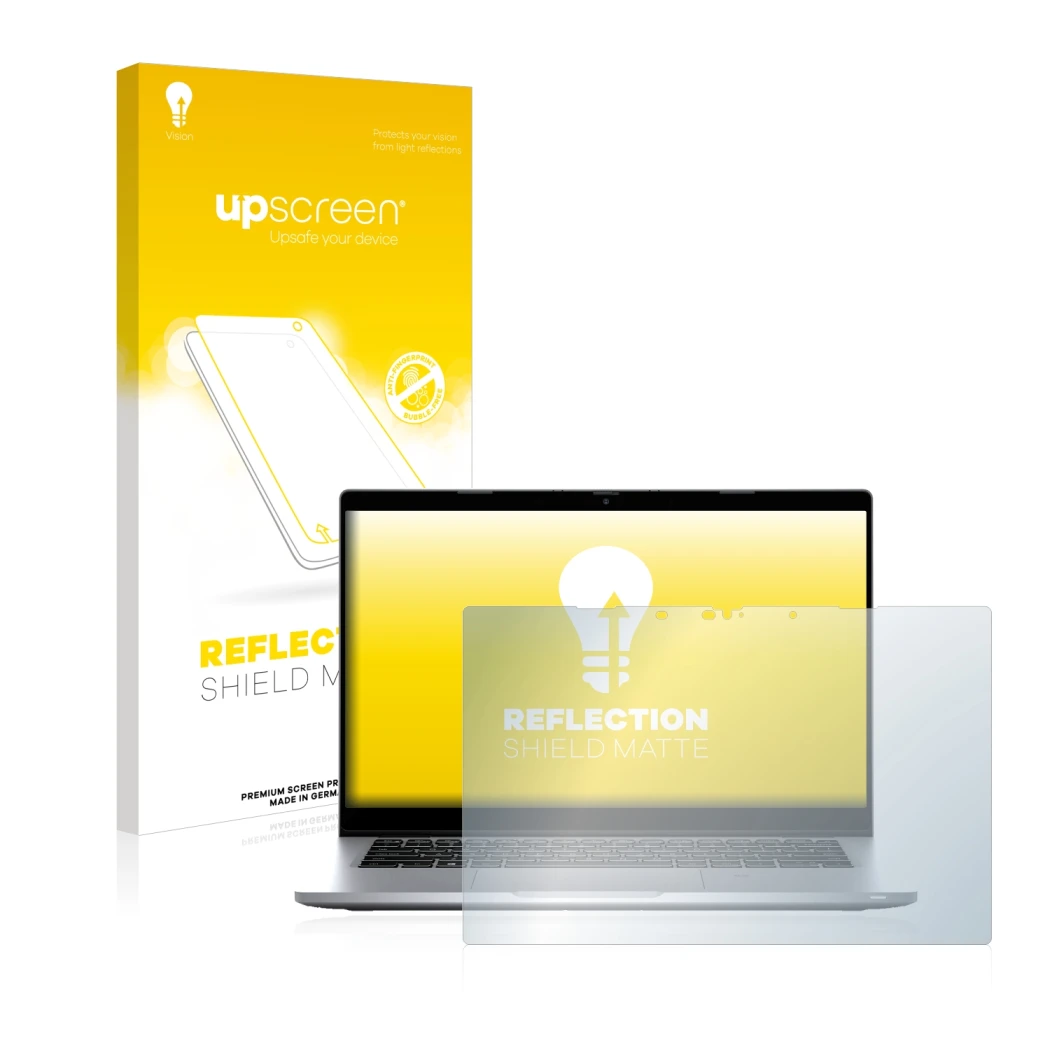 Parte frontal de un envase de producto con el logotipo de la marca upscreen. Al lado se muestra el dispositivo Dell Latitude 5