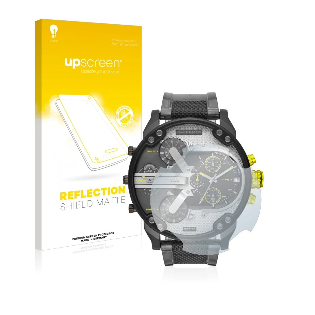 Parte frontal de un envase de producto con el logotipo de la marca upscreen. Al lado se muestra el dispositivo Diesel DZ7422 M