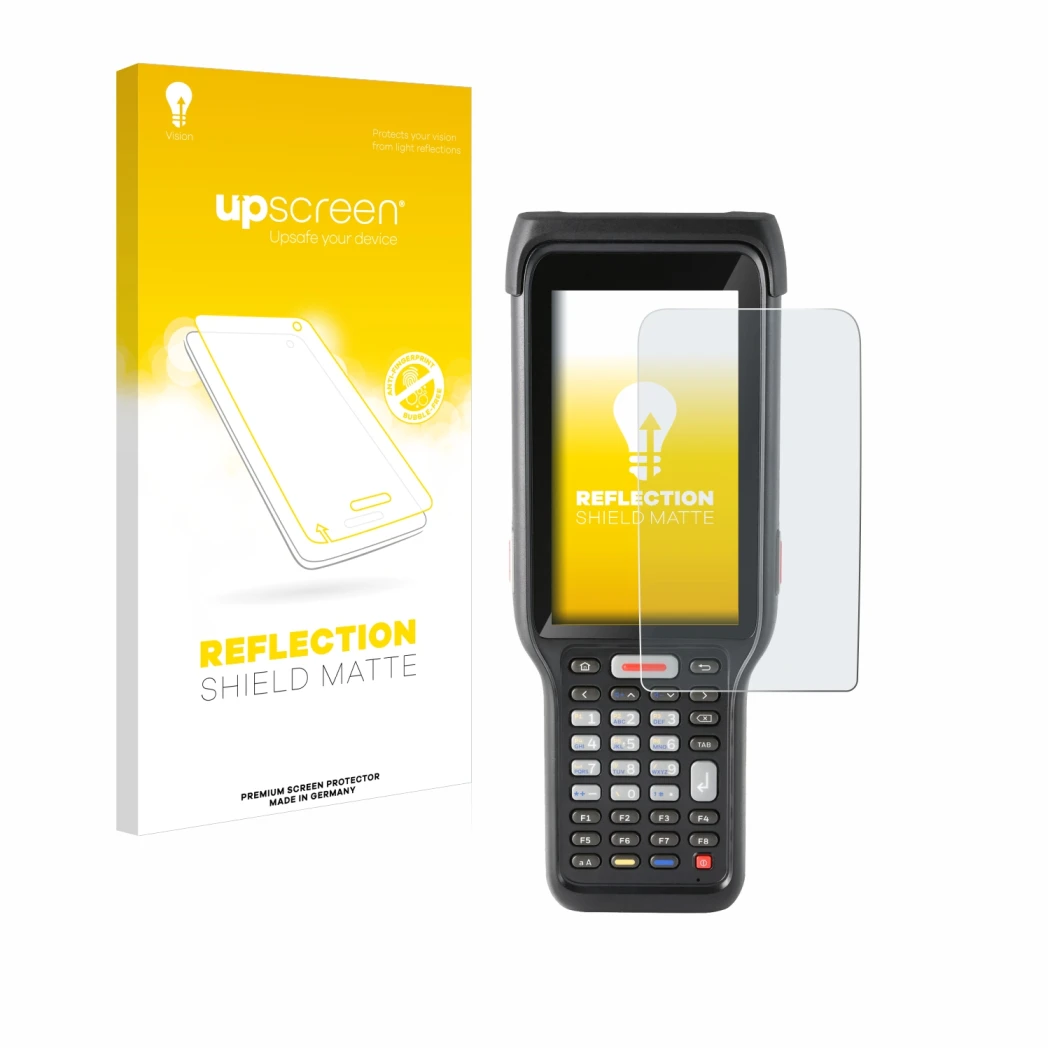 Parte frontal de un envase de producto con el logotipo de la marca upscreen. Al lado se muestra el dispositivo Honeywell ScanP