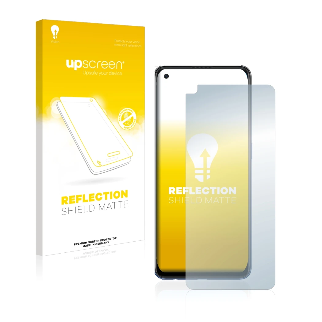 Parte frontal de un envase de producto con el logotipo de la marca upscreen. Al lado se muestra el dispositivo Oppo A74 con su