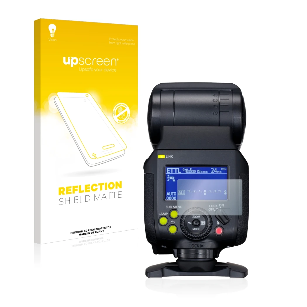 Parte frontal de un envase de producto con el logotipo de la marca upscreen. Al lado se muestra el dispositivo Canon Speedlite