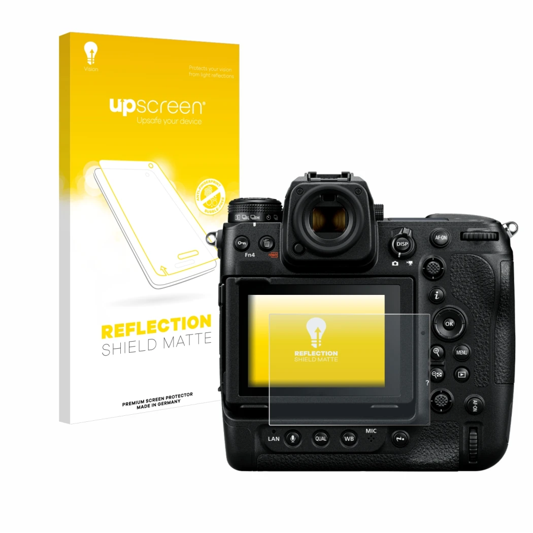 Parte frontal de un envase de producto con el logotipo de la marca upscreen. Al lado se muestra el dispositivo Nikon Z 9 con s