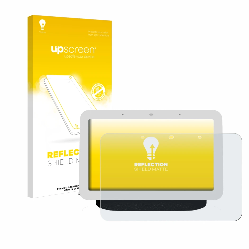 Parte frontal de un envase de producto con el logotipo de la marca upscreen. Al lado se muestra el dispositivo Google Nest Hub