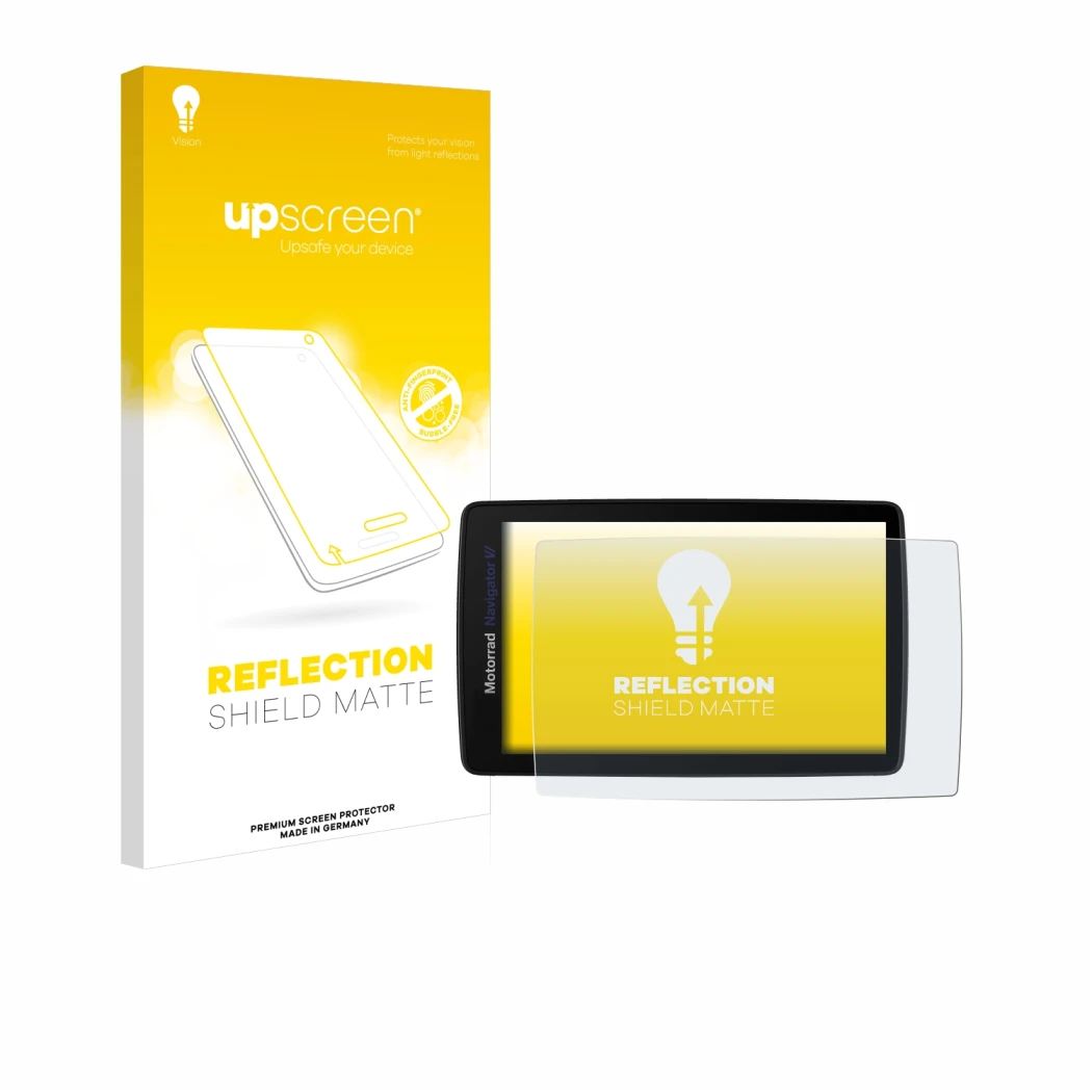 Parte frontal de un envase de producto con el logotipo de la marca upscreen. Al lado se muestra el dispositivo BMW Navigator V