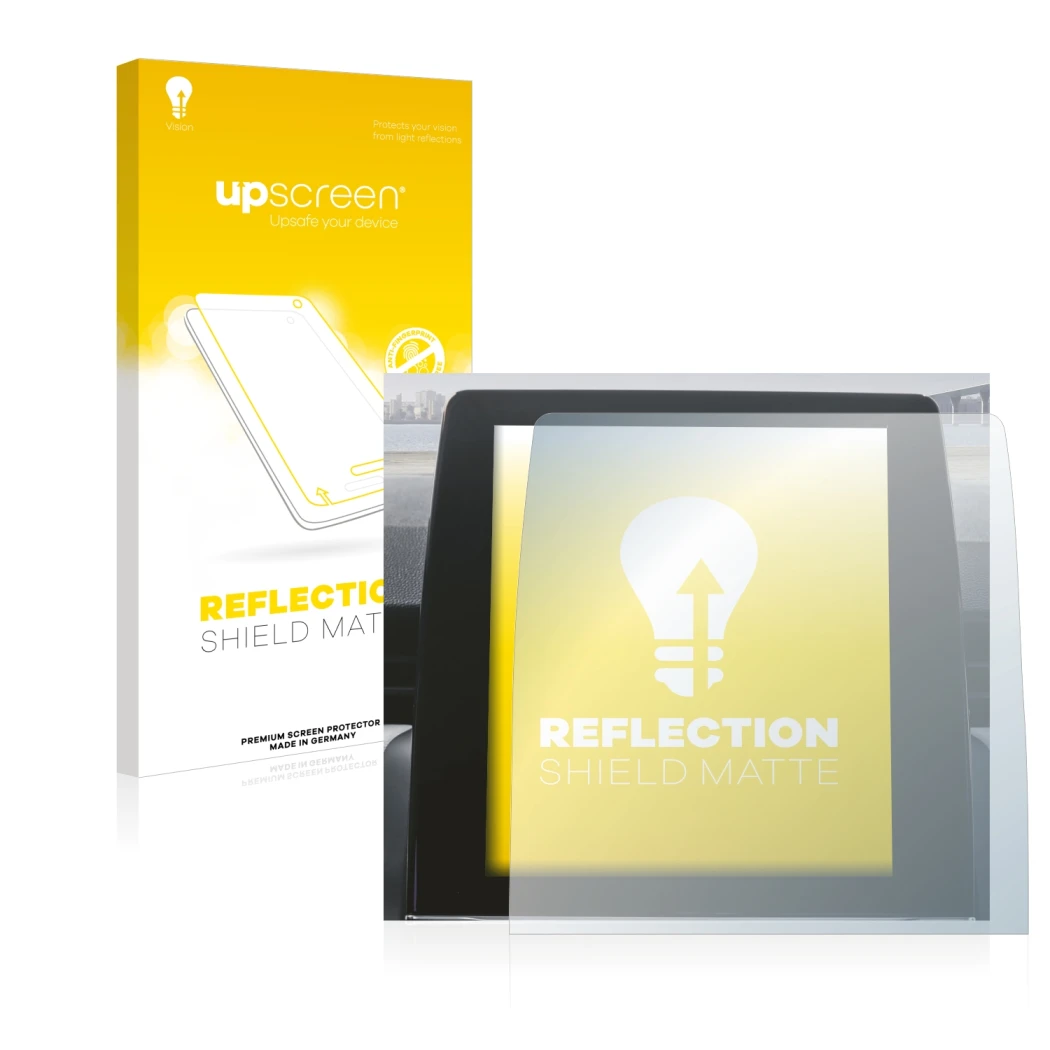 Parte frontal de un envase de producto con el logotipo de la marca upscreen. Al lado se muestra el dispositivo Renault Zoe 202