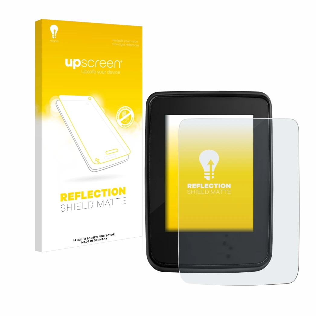 Parte frontal de un envase de producto con el logotipo de la marca upscreen. Al lado se muestra el dispositivo Giant RideDash 