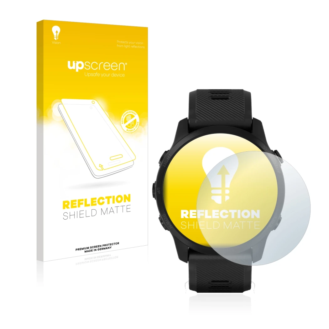 Parte frontal de un envase de producto con el logotipo de la marca upscreen. Al lado se muestra el dispositivo Garmin Forerunn