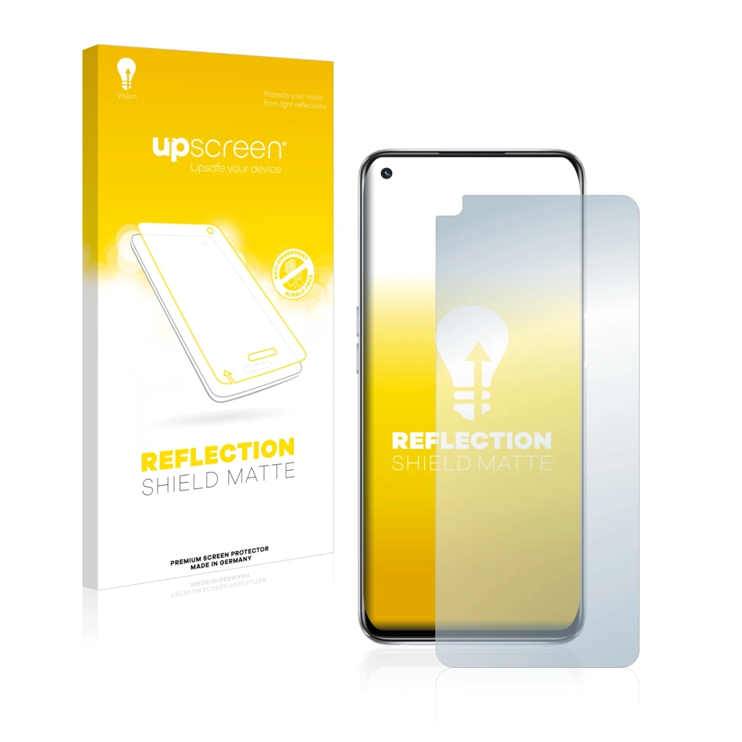 Parte frontal de un envase de producto con el logotipo de la marca upscreen. Al lado se muestra el dispositivo Oppo A54 5G con