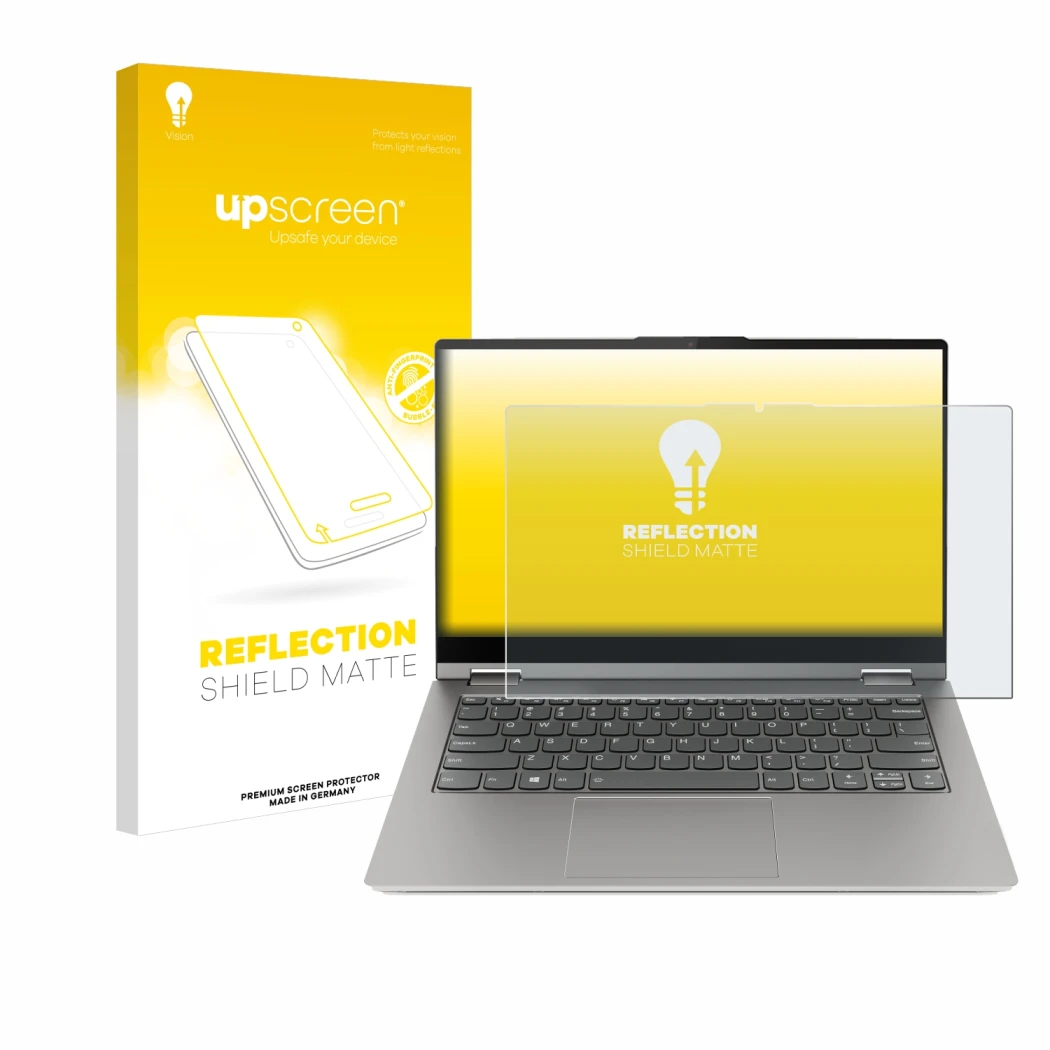 Parte frontal de un envase de producto con el logotipo de la marca upscreen. Al lado se muestra el dispositivo Lenovo ThinkBoo