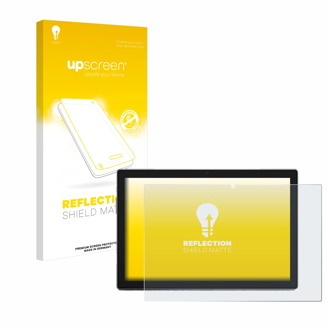 Parte frontal de un envase de producto con el logotipo de la marca upscreen. Al lado se muestra el dispositivo Blackview Tab 9