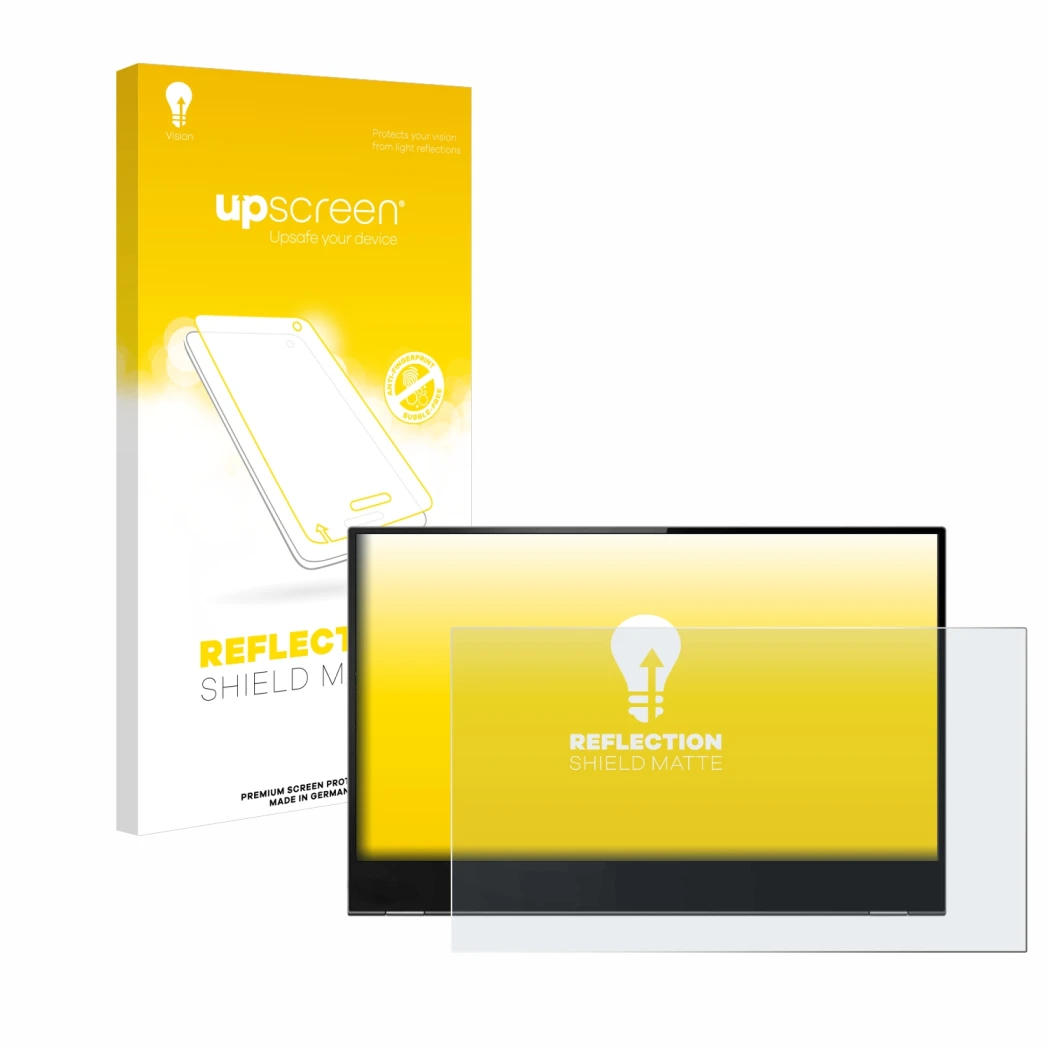 Parte frontal de un envase de producto con el logotipo de la marca upscreen. Al lado se muestra el dispositivo Lenovo ThinkVis