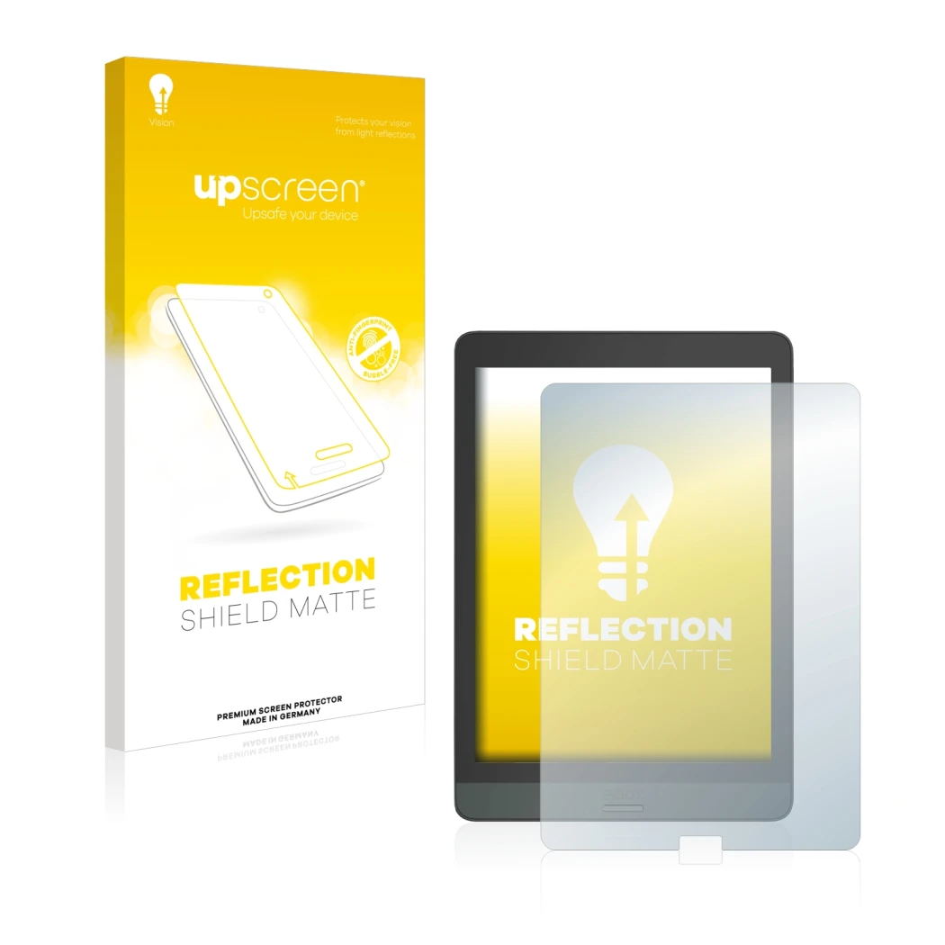 Parte frontal de un envase de producto con el logotipo de la marca upscreen. Al lado se muestra el dispositivo Boox Nova 3 con