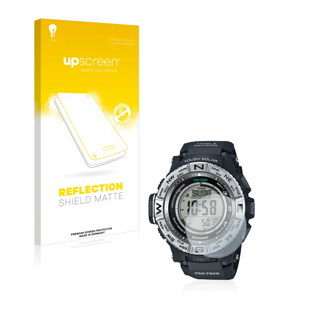 Parte frontal de un envase de producto con el logotipo de la marca upscreen. Al lado se muestra el dispositivo Casio Pro Trek