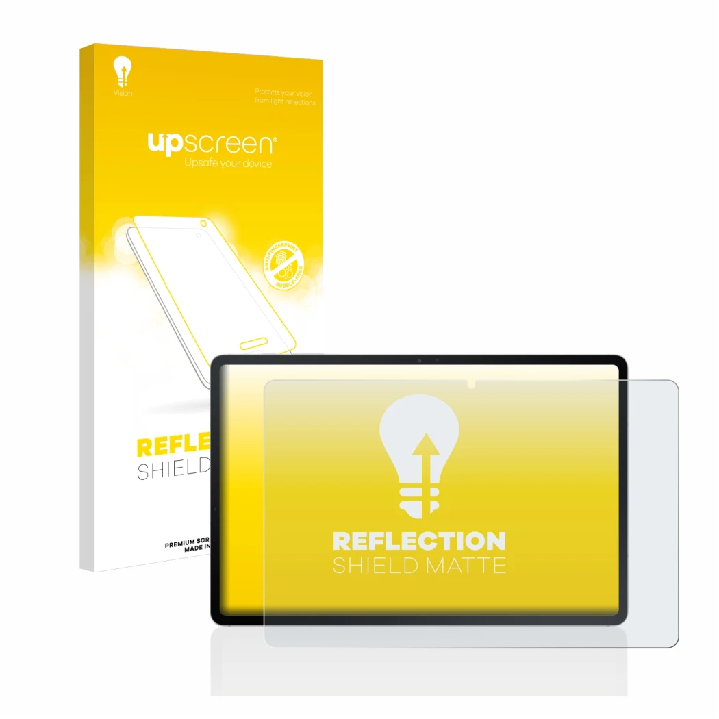 Parte frontal de un envase de producto con el logotipo de la marca upscreen. Al lado se muestra el dispositivo Samsung Galaxy 