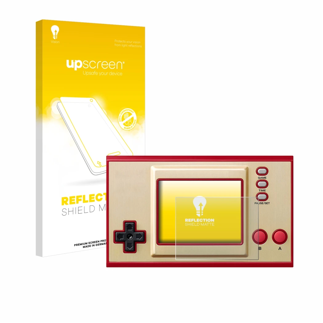 Parte frontal de un envase de producto con el logotipo de la marca upscreen. Al lado se muestra el dispositivo Nintendo Game &