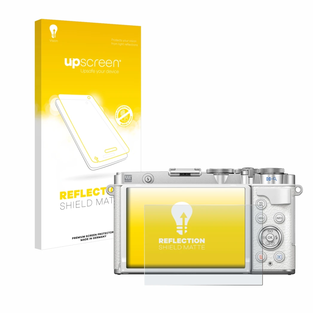 Parte frontal de un envase de producto con el logotipo de la marca upscreen. Al lado se muestra el dispositivo Olympus PEN E-P