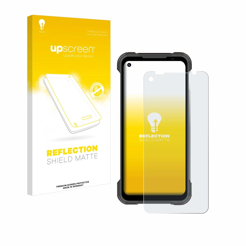 Parte frontal de un envase de producto con el logotipo de la marca upscreen. Al lado se muestra el dispositivo Doogee S97 Pro 