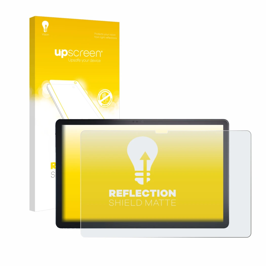 Parte frontal de un envase de producto con el logotipo de la marca upscreen. Al lado se muestra el dispositivo Lenovo Tab P11