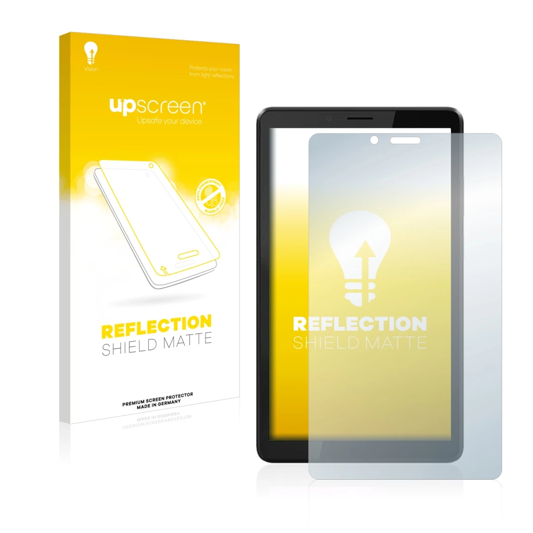 Parte frontal de un envase de producto con el logotipo de la marca upscreen. Al lado se muestra el dispositivo Lenovo Tab M7 (
