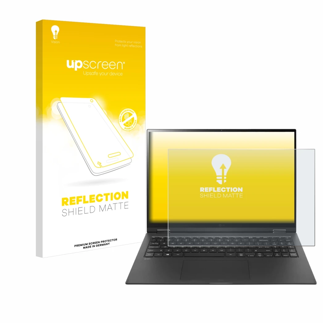 Parte frontal de un envase de producto con el logotipo de la marca upscreen. Al lado se muestra el dispositivo LG gram 16'' 2-