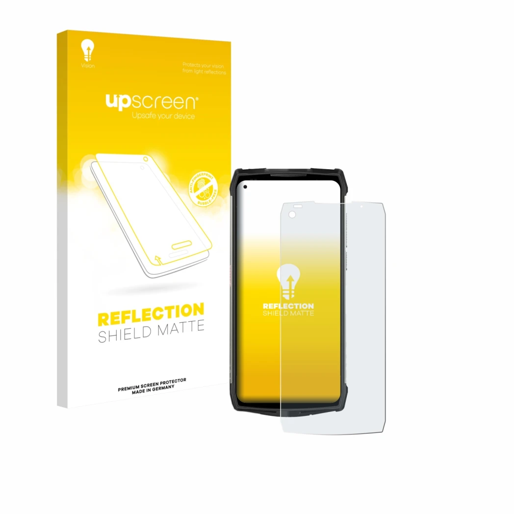 Parte frontal de un envase de producto con el logotipo de la marca upscreen. Al lado se muestra el dispositivo Ulefone Power A