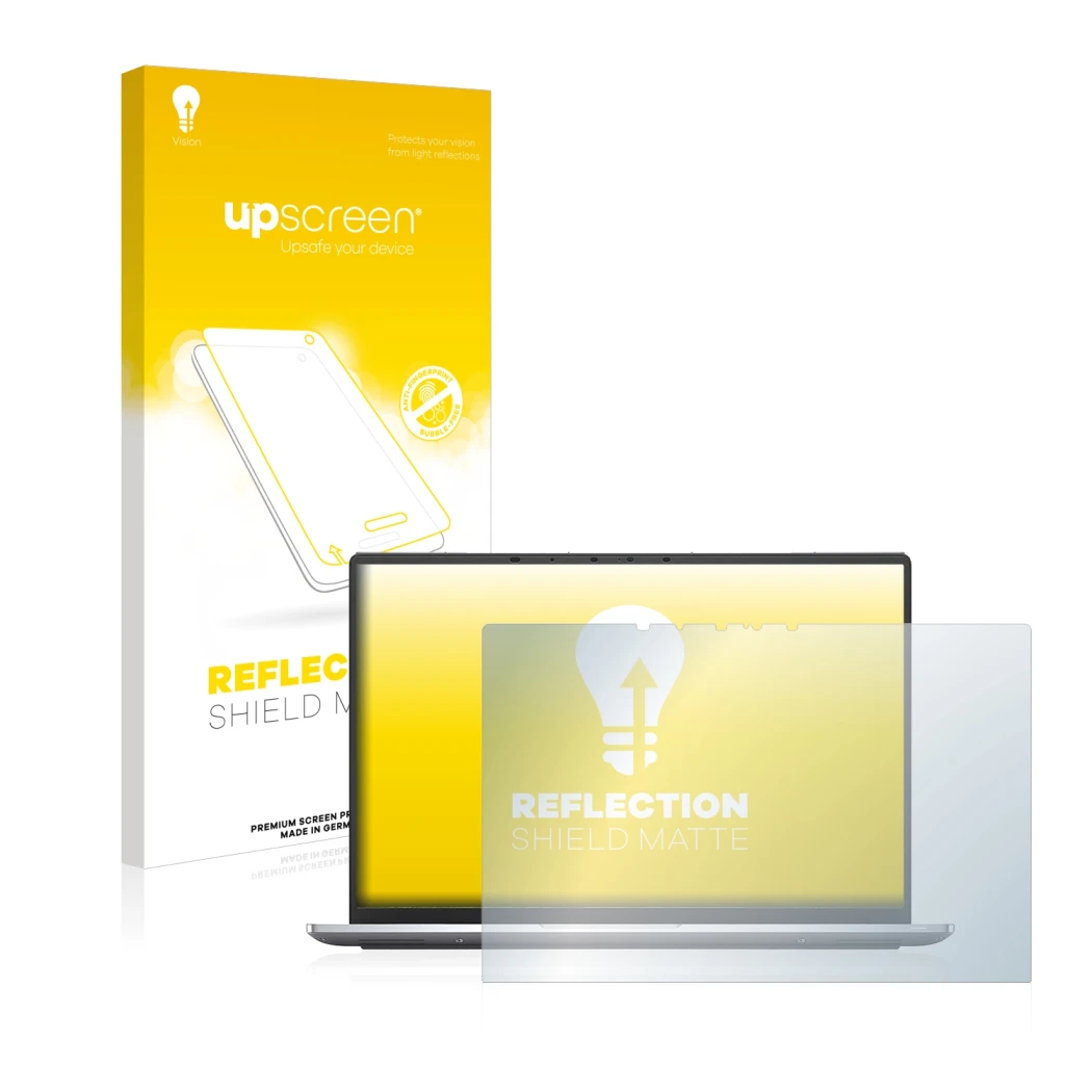 Parte frontal de un envase de producto con el logotipo de la marca upscreen. Al lado se muestra el dispositivo Dell Latitude 9