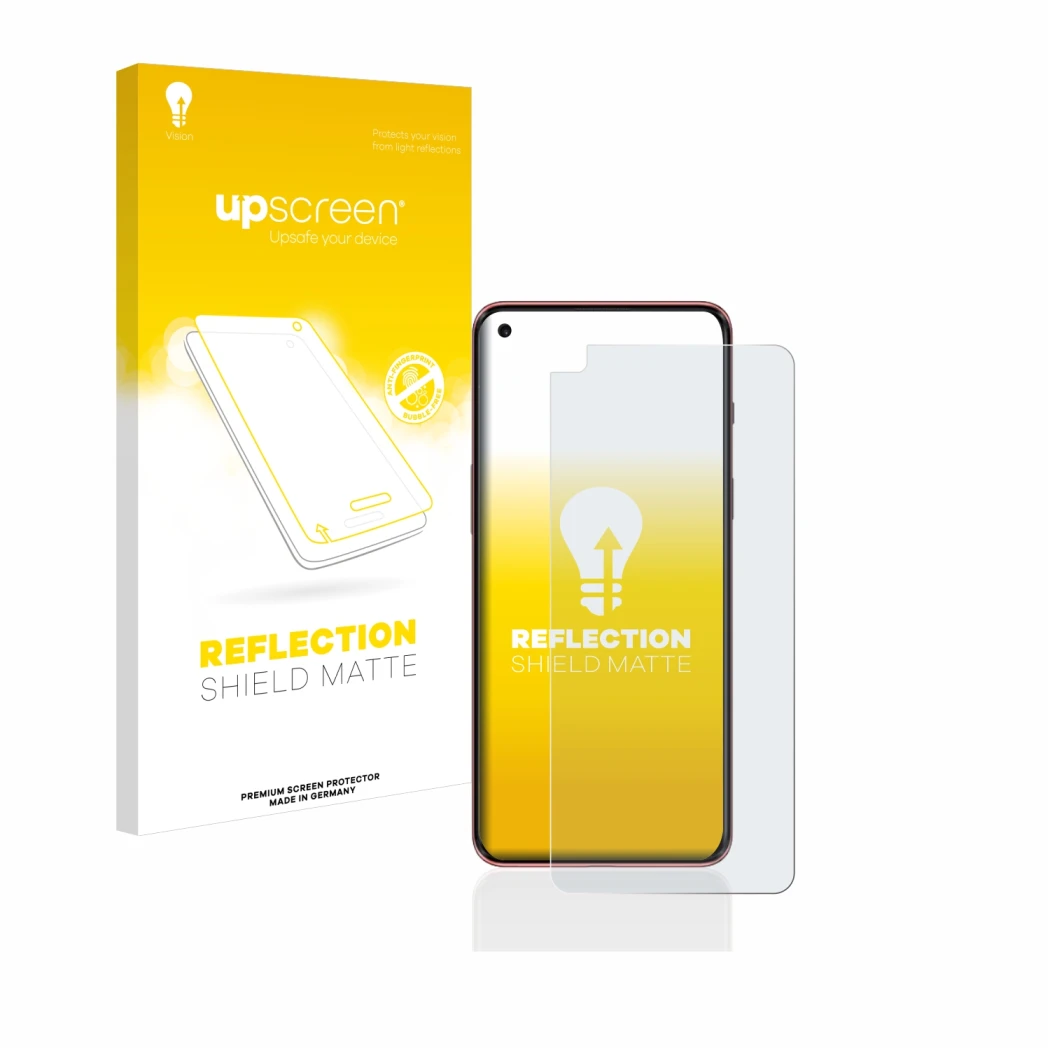 Parte frontal de un envase de producto con el logotipo de la marca upscreen. Al lado se muestra el dispositivo OnePlus Nord 2