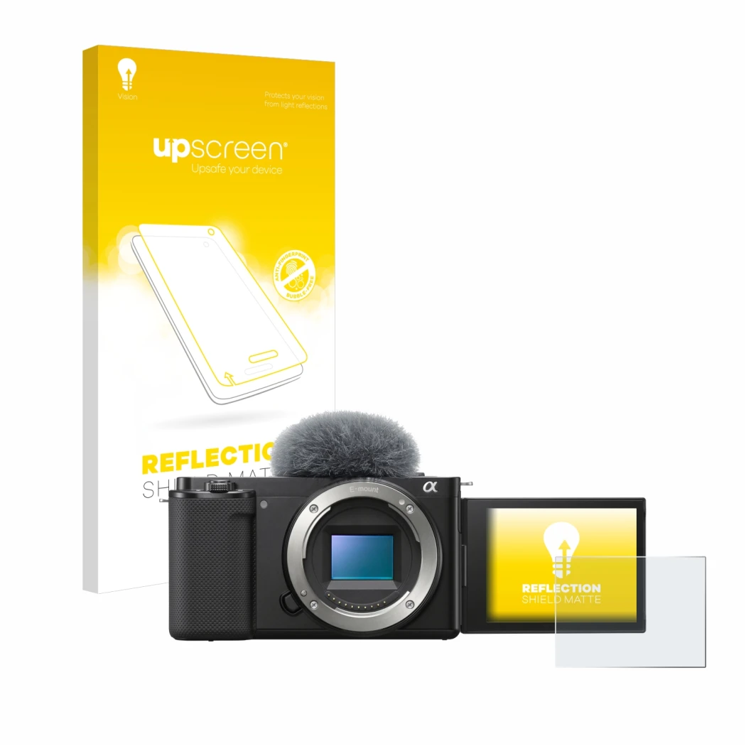 Parte frontal de un envase de producto con el logotipo de la marca upscreen. Al lado se muestra el dispositivo Sony Alpha ZV-E