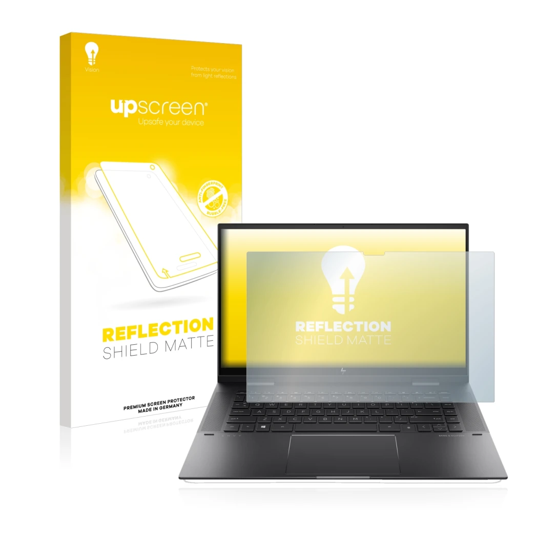 Parte frontal de un envase de producto con el logotipo de la marca upscreen. Al lado se muestra el dispositivo HP Envy x360 (1
