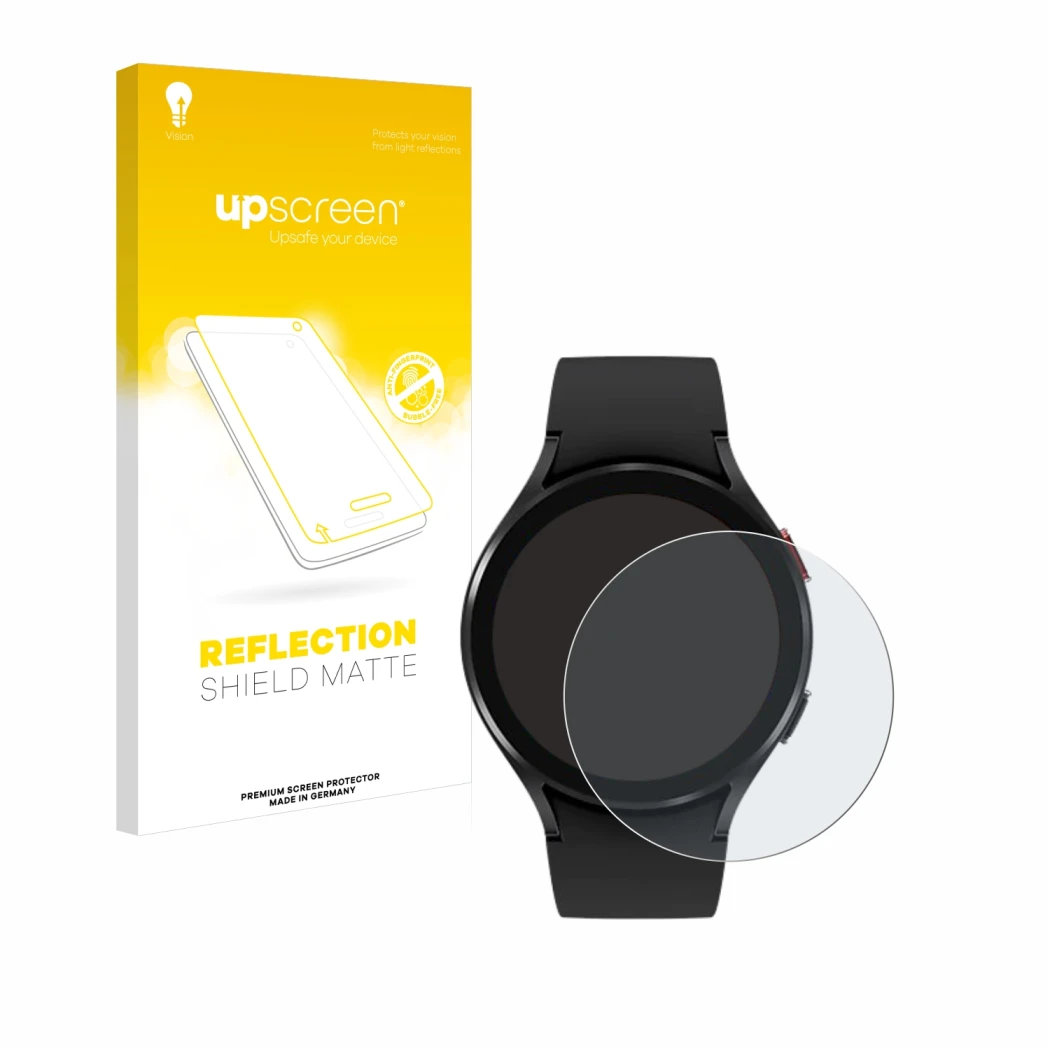 Parte frontal de un envase de producto con el logotipo de la marca upscreen. Al lado se muestra el dispositivo Samsung Galaxy