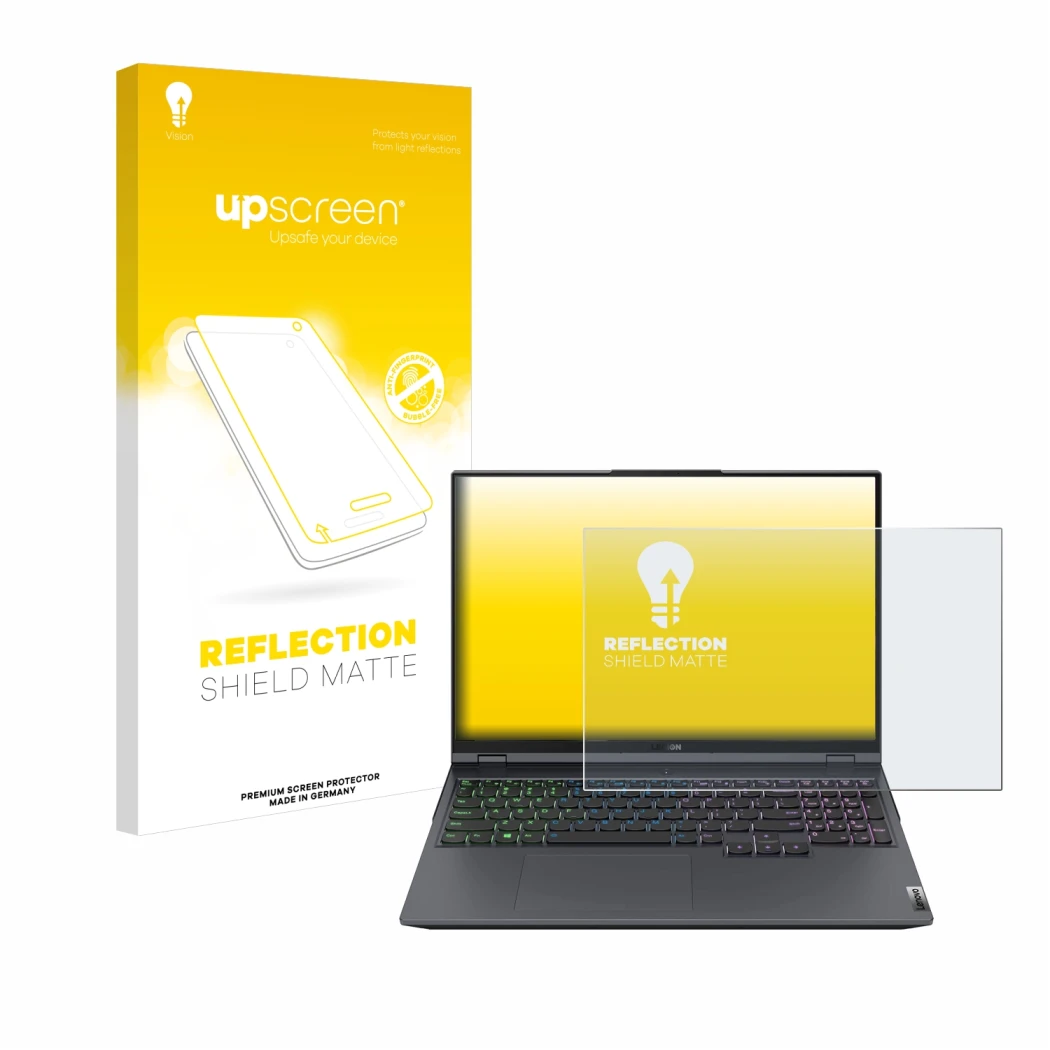 Parte frontal de un envase de producto con el logotipo de la marca upscreen. Al lado se muestra el dispositivo Lenovo Legion 5