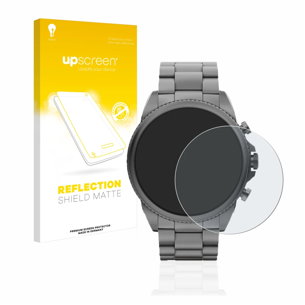 Parte frontal de un envase de producto con el logotipo de la marca upscreen. Al lado se muestra el dispositivo Fossil Gen 6 (4