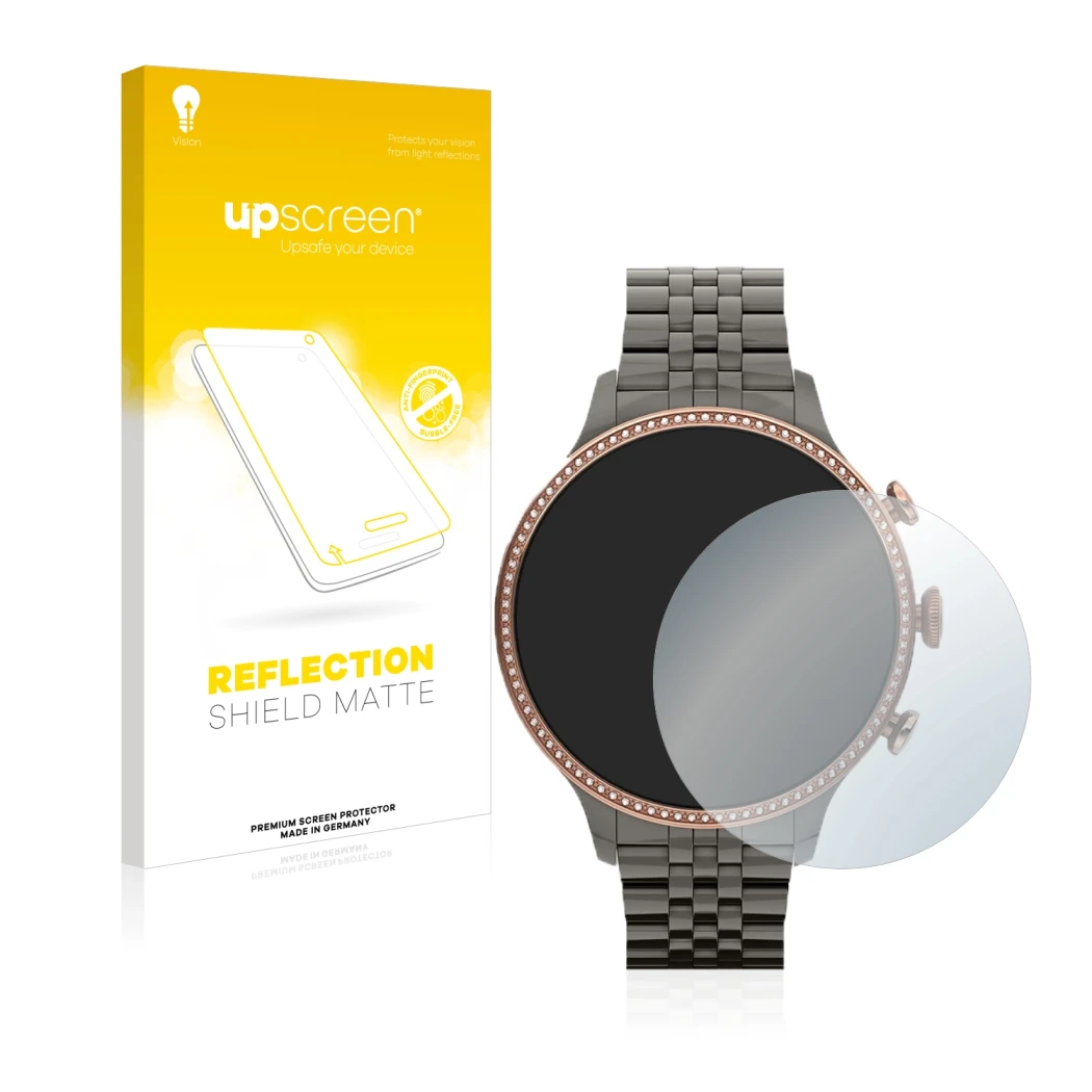 Parte frontal de un envase de producto con el logotipo de la marca upscreen. Al lado se muestra el dispositivo Fossil Gen 6 (4
