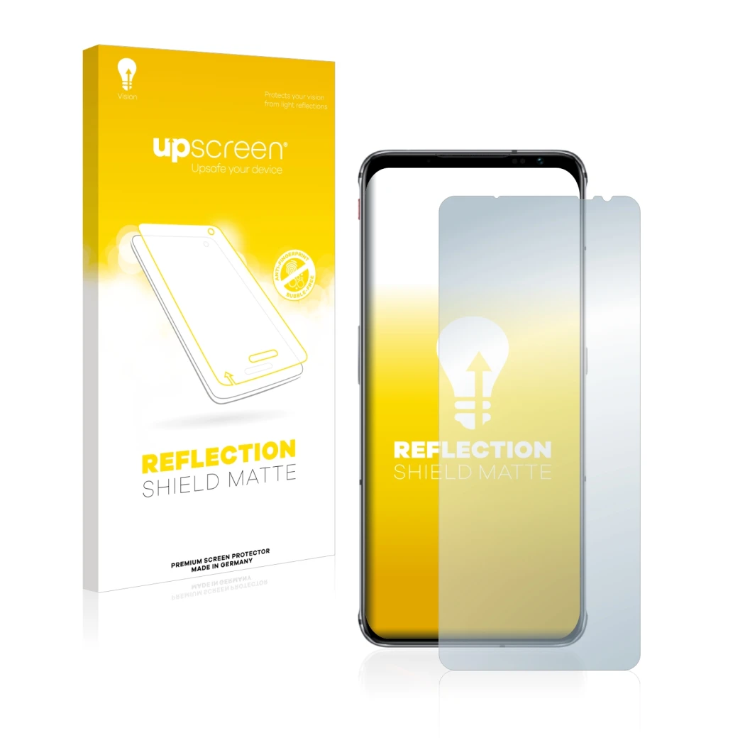 Parte frontal de un envase de producto con el logotipo de la marca upscreen. Al lado se muestra el dispositivo ZTE Nubia Red M