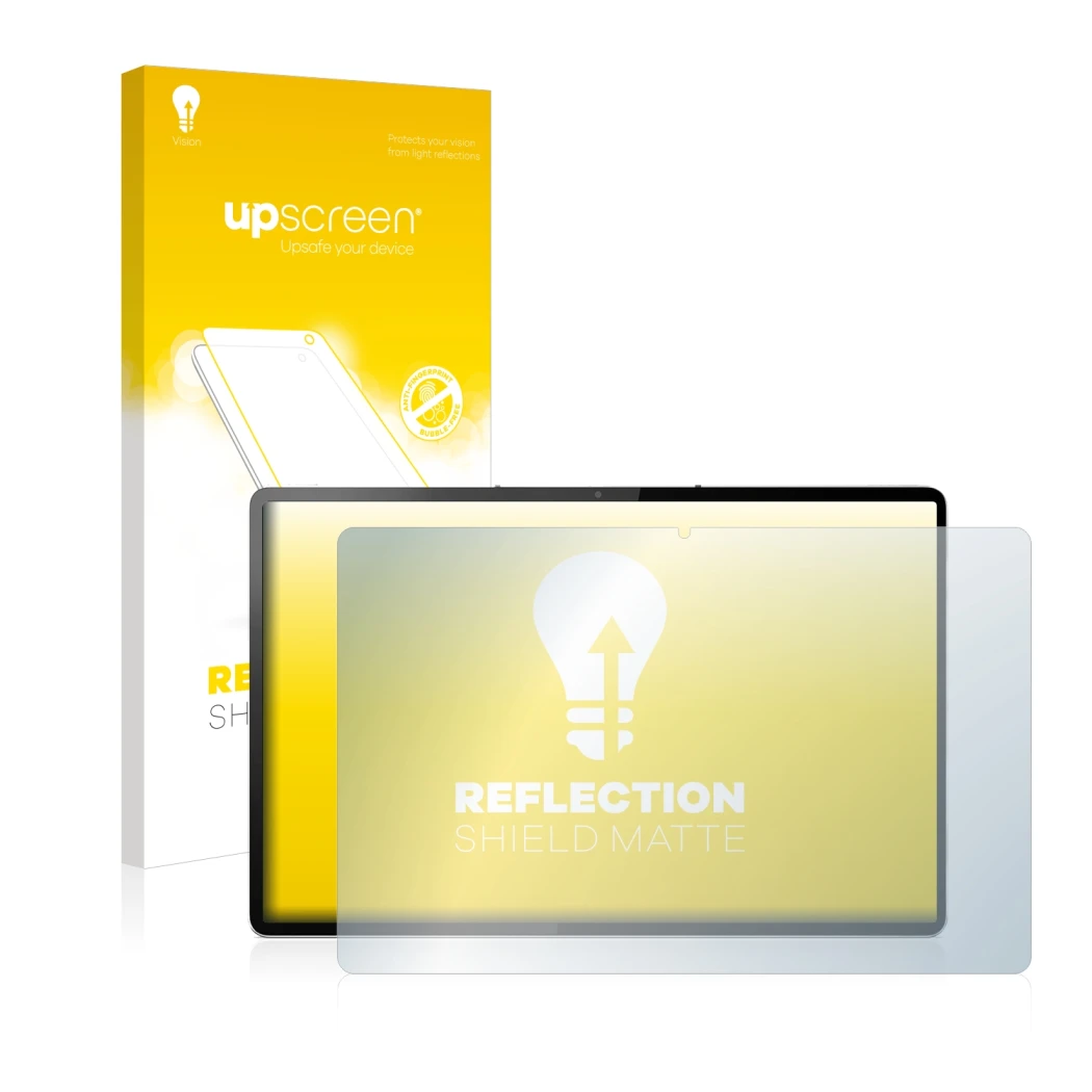 Parte frontal de un envase de producto con el logotipo de la marca upscreen. Al lado se muestra el dispositivo Lenovo Tab P12 