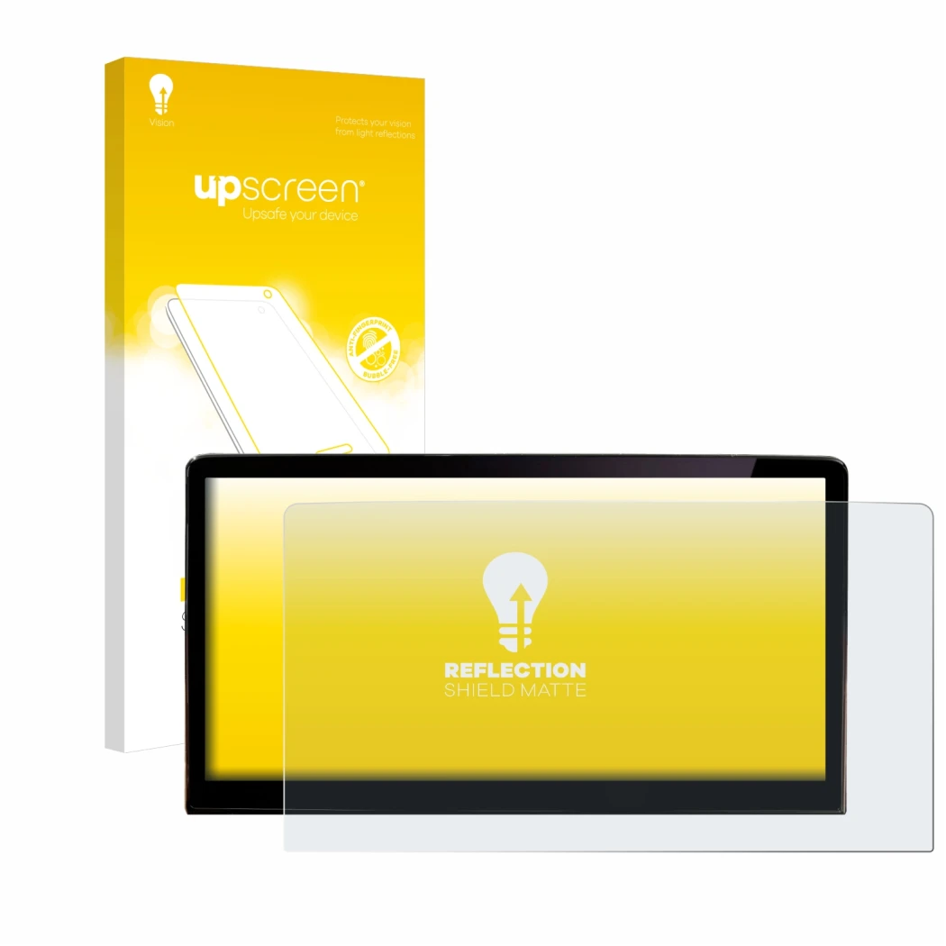 Parte frontal de un envase de producto con el logotipo de la marca upscreen. Al lado se muestra el dispositivo Skoda Enyaq iV 