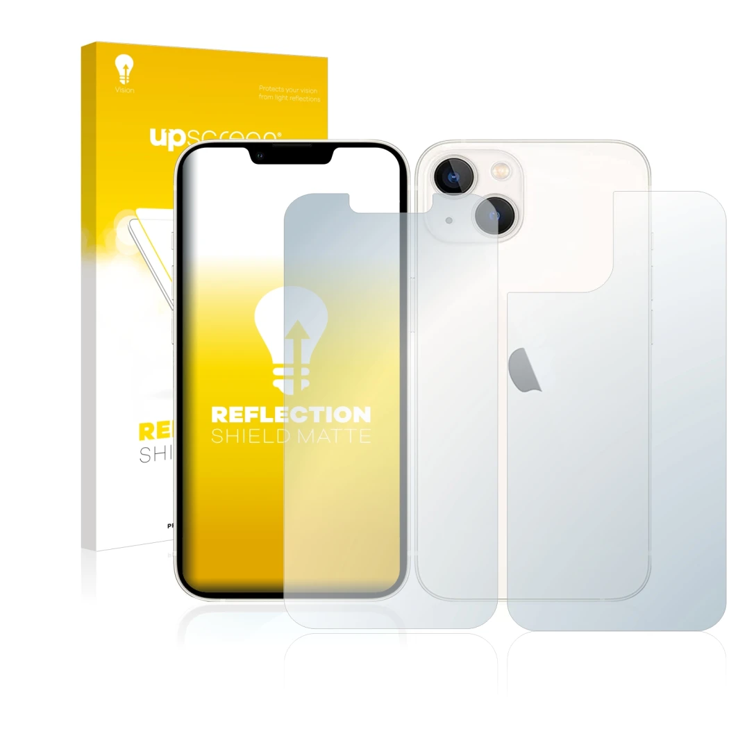 Parte frontal de un envase de producto con el logotipo de la marca upscreen. Al lado se muestra el dispositivo Apple iPhone 13