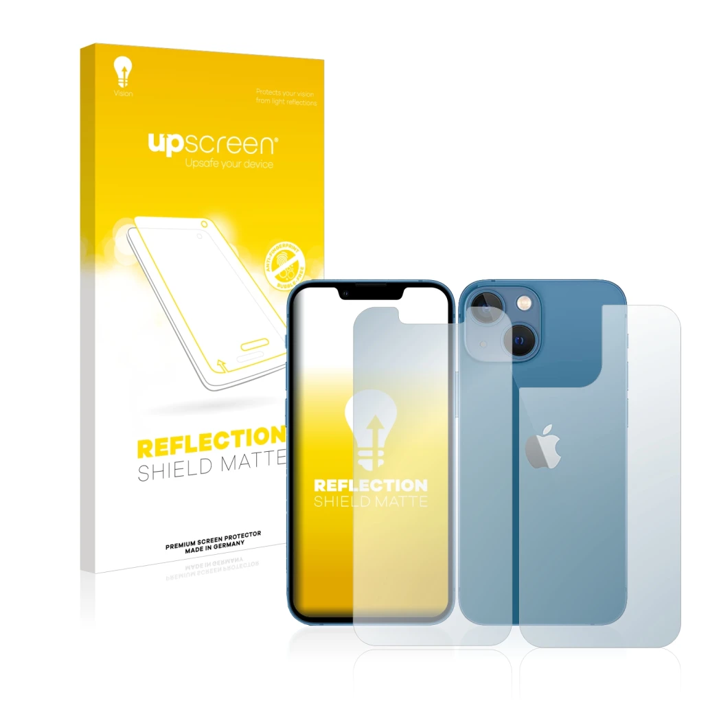 Parte frontal de un envase de producto con el logotipo de la marca upscreen. Al lado se muestra el dispositivo Apple iPhone 13