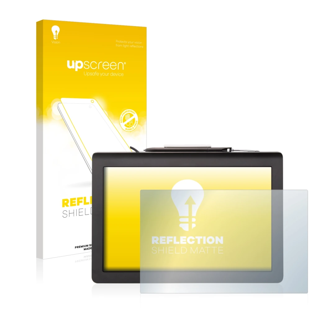 Parte frontal de un envase de producto con el logotipo de la marca upscreen. Al lado se muestra el dispositivo Signotec Pen Di