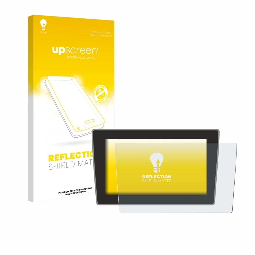 Parte frontal de un envase de producto con el logotipo de la marca upscreen. Al lado se muestra el dispositivo Volkswagen Arte