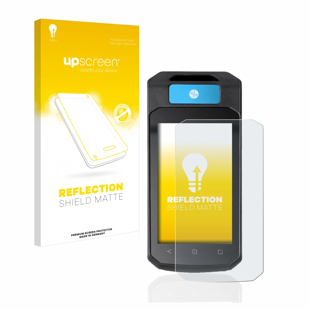 Parte frontal de un envase de producto con el logotipo de la marca upscreen. Al lado se muestra el dispositivo Accu-Chek Insig