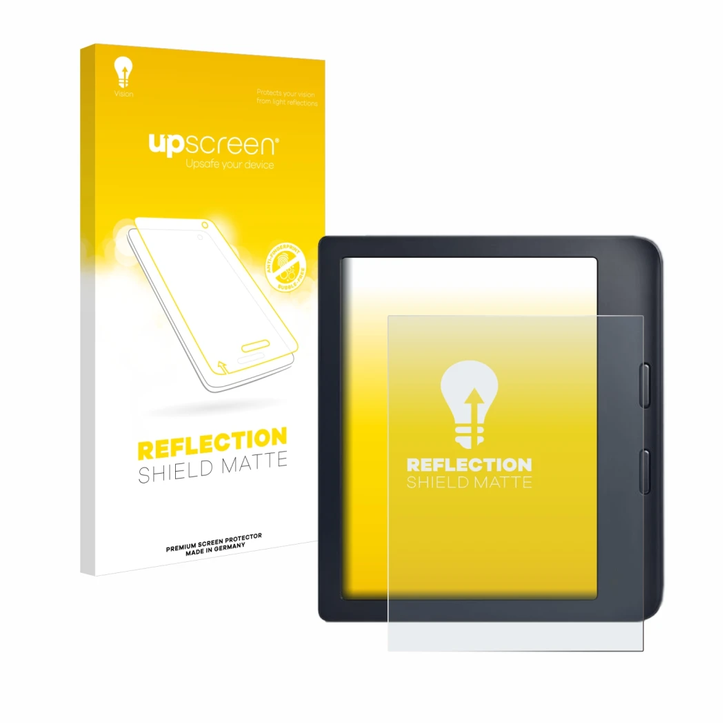 Parte frontal de un envase de producto con el logotipo de la marca upscreen. Al lado se muestra el dispositivo Kobo Libra 2 co