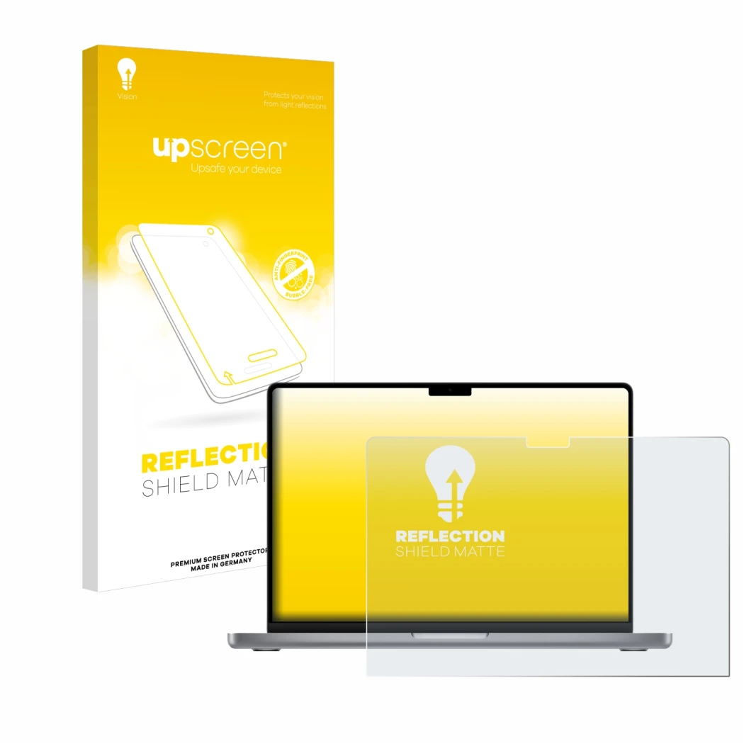 Parte frontal de un envase de producto con el logotipo de la marca upscreen. Al lado se muestra el dispositivo Apple MacBook P