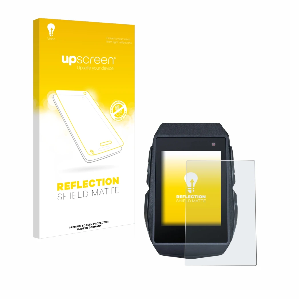 Parte frontal de un envase de producto con el logotipo de la marca upscreen. Al lado se muestra el dispositivo Sigma ROX 11.1