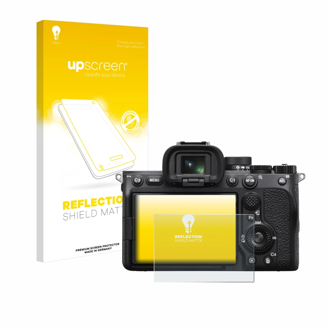 Parte frontal de un envase de producto con el logotipo de la marca upscreen. Al lado se muestra el dispositivo Sony Alpha 7 IV