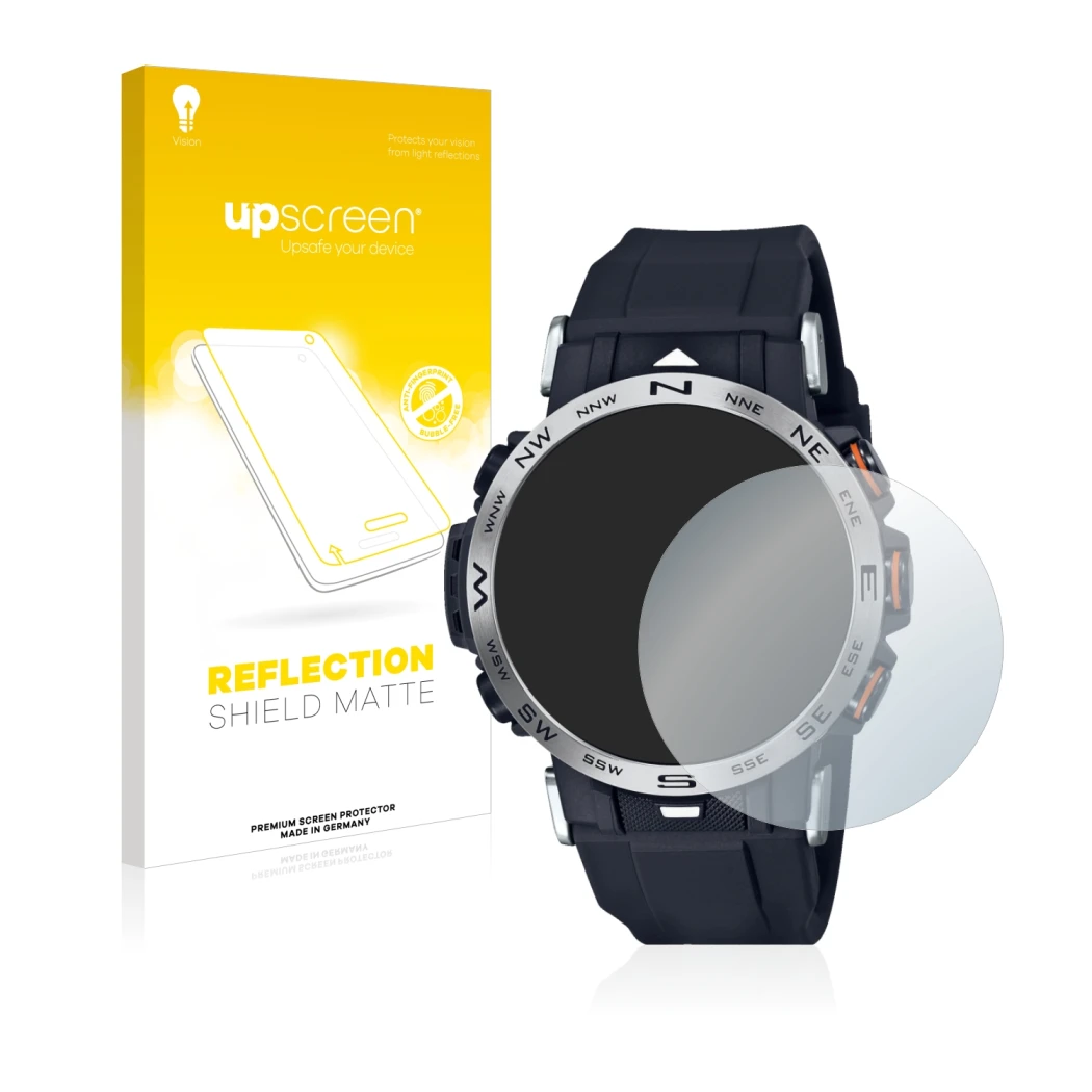 Parte frontal de un envase de producto con el logotipo de la marca upscreen. Al lado se muestra el dispositivo Casio Pro Trek 