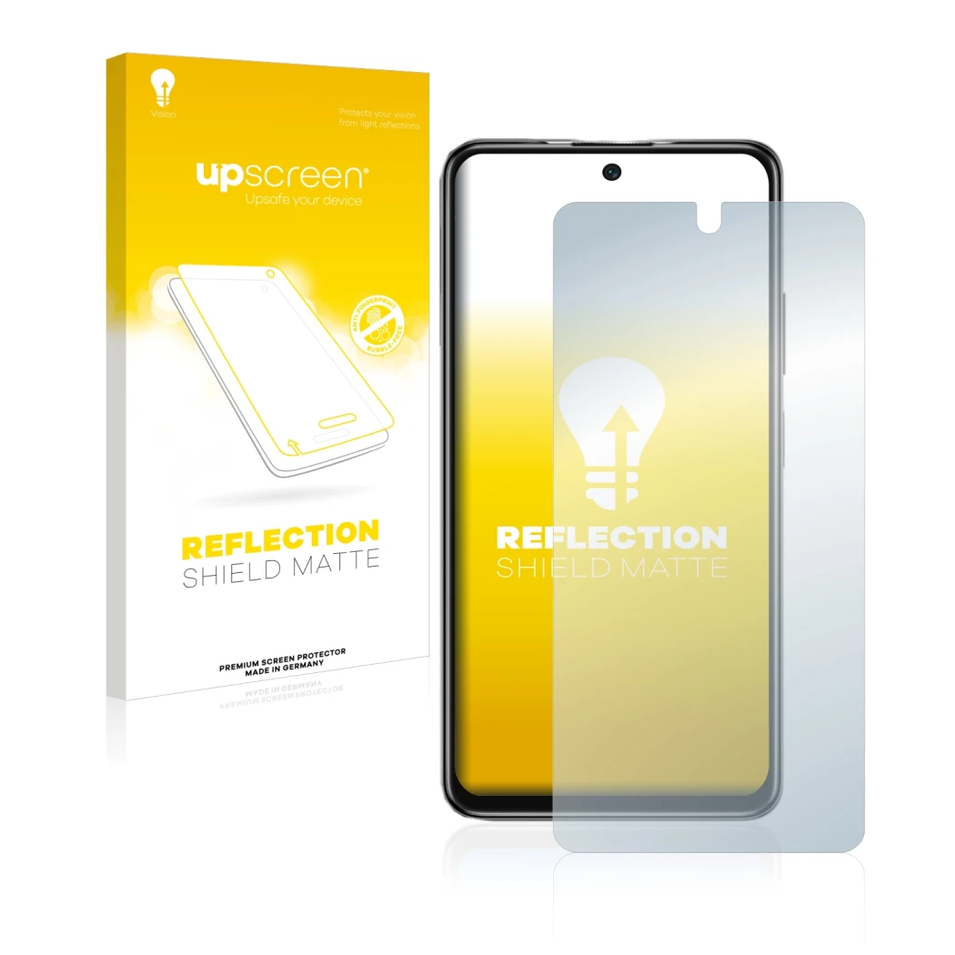 Parte frontal de un envase de producto con el logotipo de la marca upscreen. Al lado se muestra el dispositivo Xiaomi Poco M4