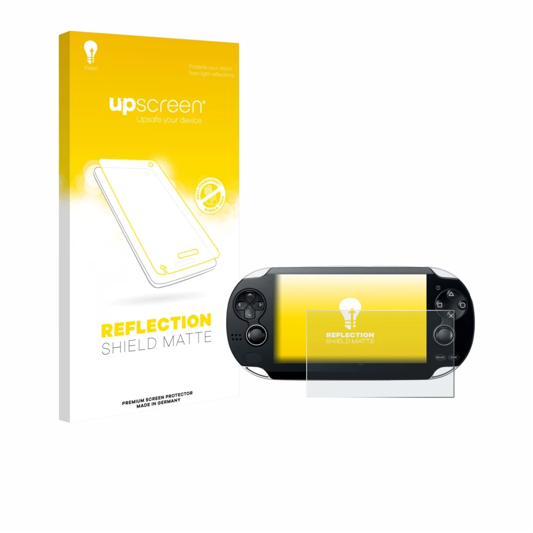 Parte frontal de un envase de producto con el logotipo de la marca upscreen. Al lado se muestra el dispositivo Sony Playstatio
