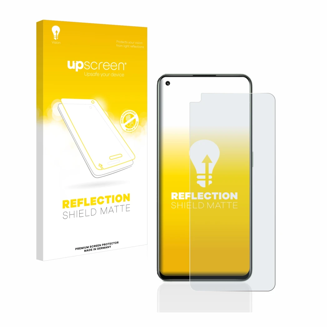 Parte frontal de un envase de producto con el logotipo de la marca upscreen. Al lado se muestra el dispositivo realme GT 2 Pro